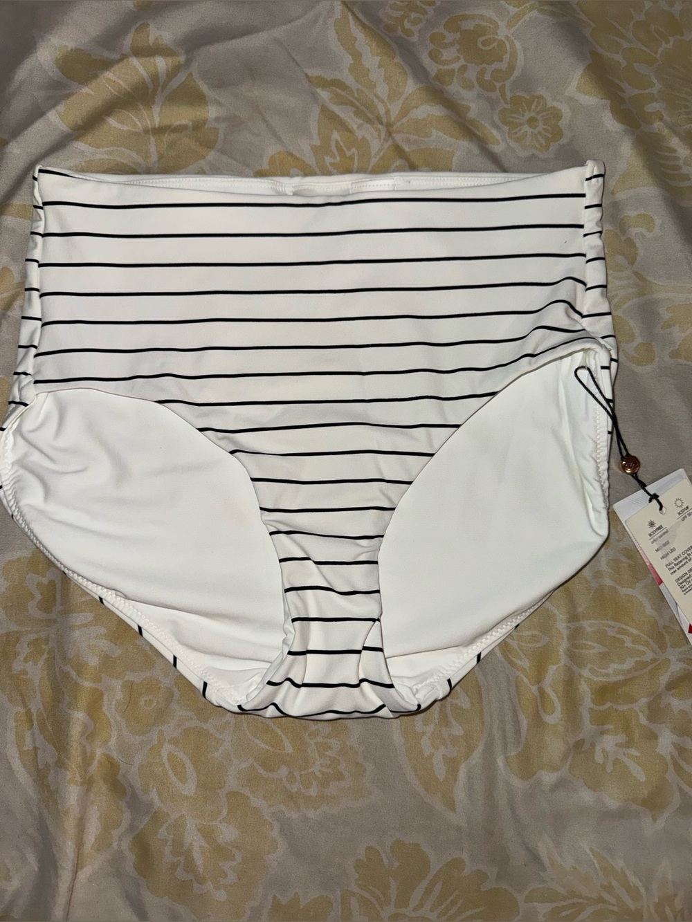Calia Power Sculpt Mid Rise Striped - White with Black Bikini Bottoms - NWT